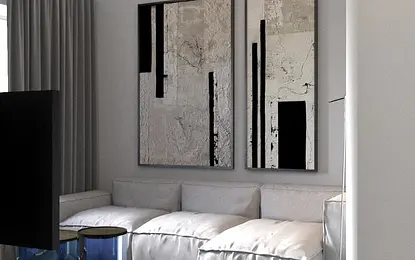 Wnętrze salonu w stylu industrialnym z minimalistycznym wyposażeniem.