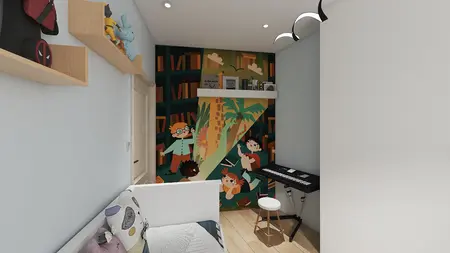 Pokój dziecięcy z kolorową tapetą, półkami i instrumentem muzycznym w stylu tradycyjnym.