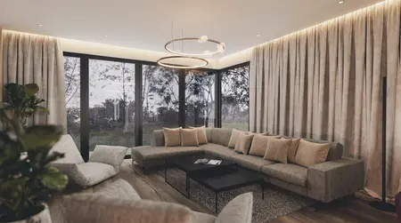 Wnętrze salonu z szaro-beżową sofą, dużymi oknami i roślinnością, styl nowoczesny, quiet luxury.