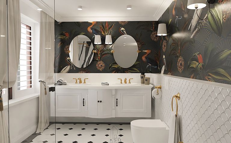 Wnętrze łazienki z białymi meblami i art deco muralem