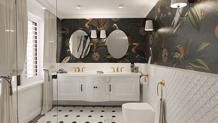 Wnętrze łazienki z białymi meblami i art deco muralem