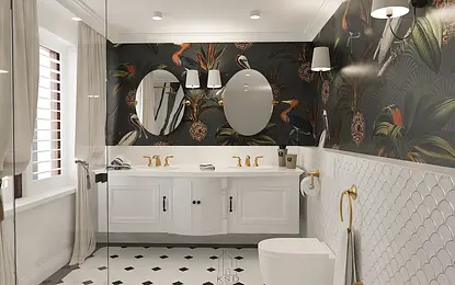 Wnętrze łazienki z białymi meblami i art deco muralem