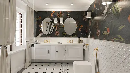 Wnętrze łazienki z białymi meblami i art deco muralem