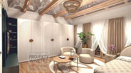Nowoczesne wnętrze glamour z białymi meblami, drewnianymi detalami i roślinami.