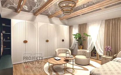 Nowoczesne wnętrze glamour z białymi meblami, drewnianymi detalami i roślinami.