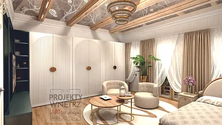 Nowoczesne wnętrze glamour z białymi meblami, drewnianymi detalami i roślinami.