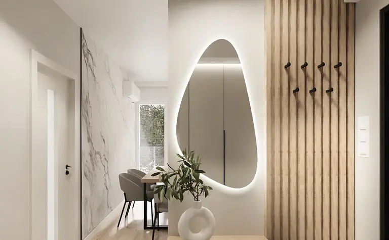 Nowoczesne wnętrze z lustrzanym panelem, drewnianymi akcentami oraz roślinnością. Styl glamour, japandi, minimalistyczny.