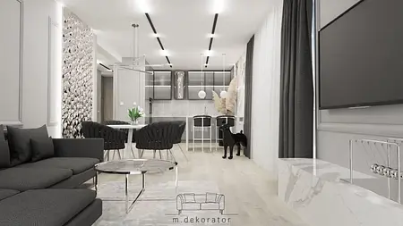 Wnętrze salonu z czarną sofą, białymi meblami i nowoczesnymi dekoracjami w stylu glamour.
