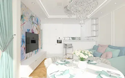 Jadalnia z białymi meblami, szklanym stołem i stylowymi dodatkami glamour.