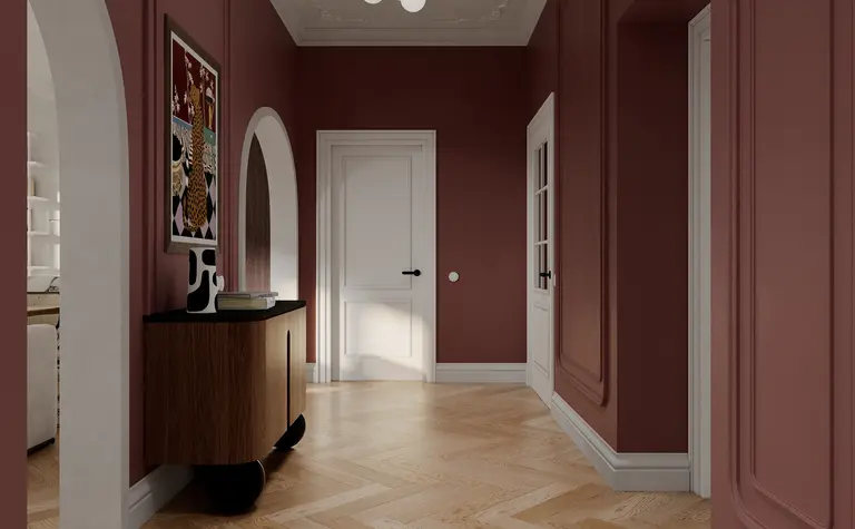 Przedpokój w stylu art deco z brązowymi ścianami i minimalistycznym oświetleniem.