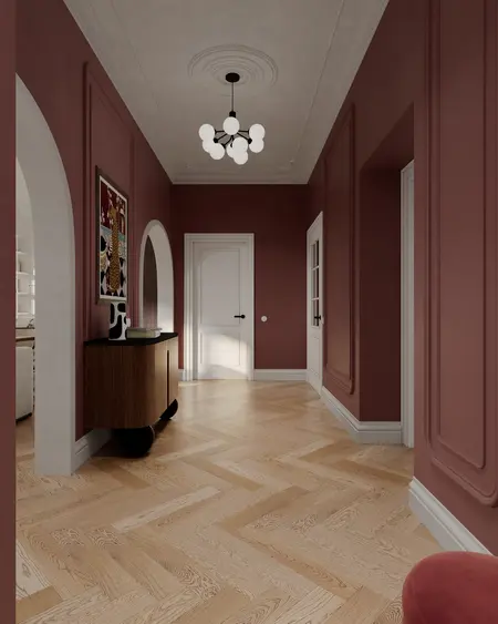 Przedpokój w stylu art deco z brązowymi ścianami i minimalistycznym oświetleniem.
