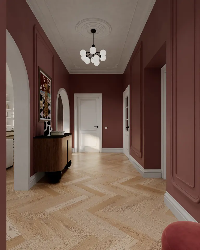 Przedpokój w stylu art deco z brązowymi ścianami i minimalistycznym oświetleniem.
