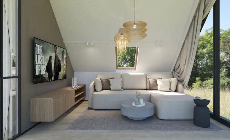 Wnętrze salonu z minimalistycznym wystrojem, jasna sofa, drewniany stolik, nowoczesne oświetlenie.