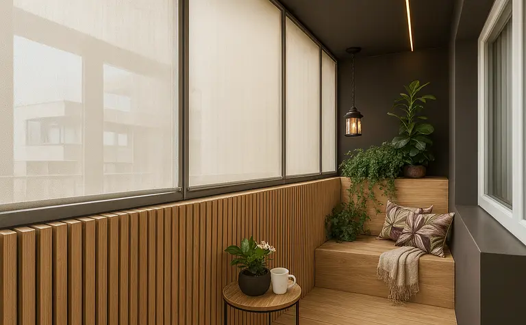 Balkon w stylu industrialnym z drewnianymi meblami i roślinnością.