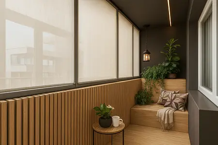 Balkon w stylu industrialnym z drewnianymi meblami i roślinnością.