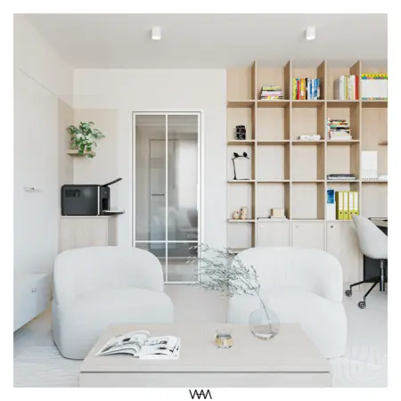 Wnętrze salonu w stylu japandi i minimalistycznym z białymi meblami i drewnianymi akcentami.