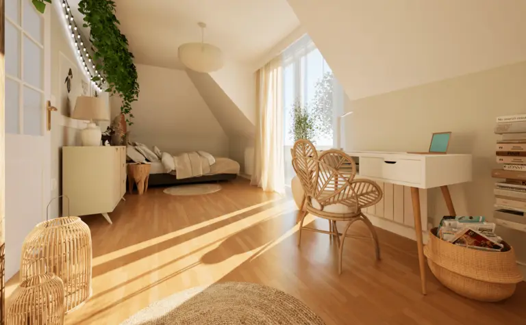 Wnętrze poddasza w stylu boho z naturalnym światłem