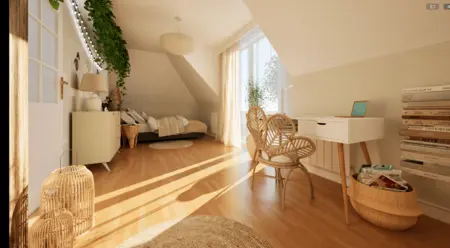 Wnętrze poddasza w stylu boho z naturalnym światłem