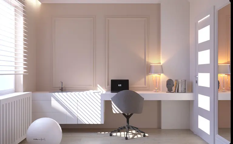 Gabinet w stylu minimalistycznym z białym biurkiem, szarym krzesłem i nowoczesnym oświetleniem.