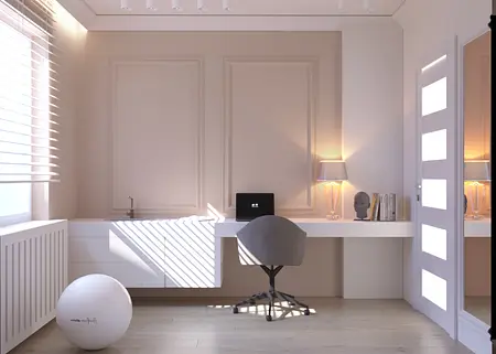 Gabinet w stylu minimalistycznym z białym biurkiem, szarym krzesłem i nowoczesnym oświetleniem.