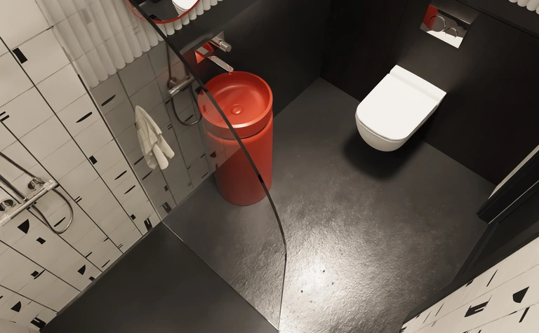 Nowoczesna łazienka z białymi kaflami, czerwoną koszem i eleganckim WC.