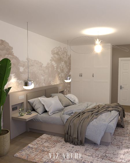 Beżowa minimalistyczna sypialnia.