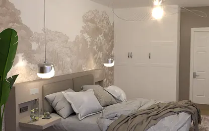 Beżowa minimalistyczna sypialnia.