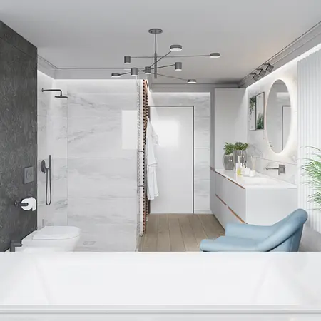 Łazienka w stylu minimaluxe z nowoczesną armaturą i drewnianymi detalami.