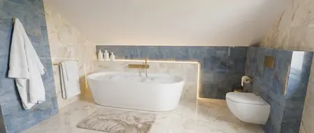 Łazienka glamour, nowoczesny i współczesny wystrój z niebieskimi płytkami i wanną wolnostojącą