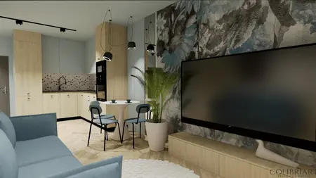 Wnętrze kuchni z drewnianymi meblami i niebieskimi dodatkami, projekt nowoczesny.