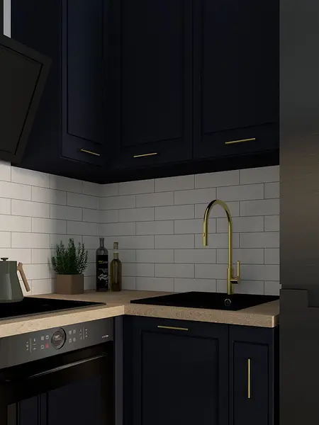 Kuchnia w stylu dopamine decor z czarnymi meblami i złotymi detalami.