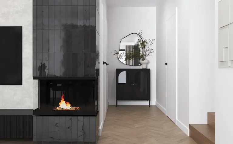 Przedpokój w stylu industrialnym z nowoczesnym kominkiem i minimalistyczną komodą.