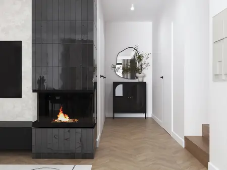 Przedpokój w stylu industrialnym z nowoczesnym kominkiem i minimalistyczną komodą.