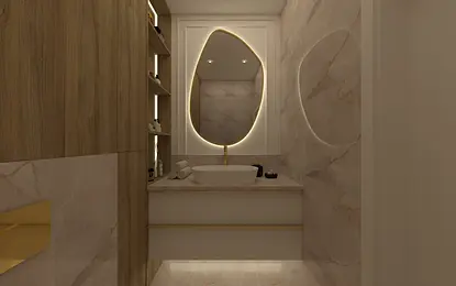 Stylowa łazienka w stylu glamour i minimaluxe z drewnem.