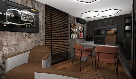 Wnętrze gabinetu w stylu dopamine decor, industrialnym, japandi z drewnianymi elementami.