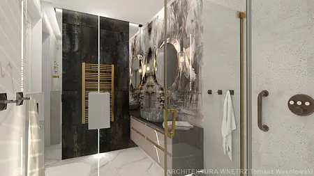 Stylowa łazienka glamour z dużymi lustrami i nowoczesnym wykończeniem.