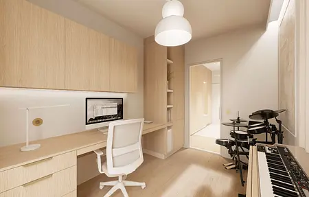 Wnętrze gabinetu w stylu japandi, minimalistycznym, nowoczesnym i quiet luxury.
