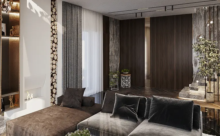 Wnętrze nowoczesnego salonu z brązową sofą, drewnianymi elementami i eleganckim oświetleniem.