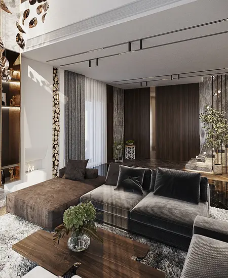 Wnętrze nowoczesnego salonu z brązową sofą, drewnianymi elementami i eleganckim oświetleniem.