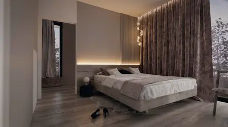 Sypialnia z nowoczesnym wystrojem i elementami quiet luxury, jasne kolory