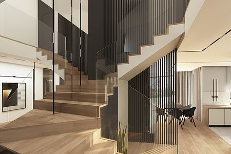 Wnętrze z minimalistycznymi schodami drewnianymi, nowoczesnymi akcentami i dużymi oknami.