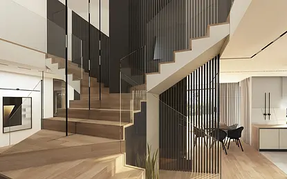 Wnętrze z minimalistycznymi schodami drewnianymi, nowoczesnymi akcentami i dużymi oknami.