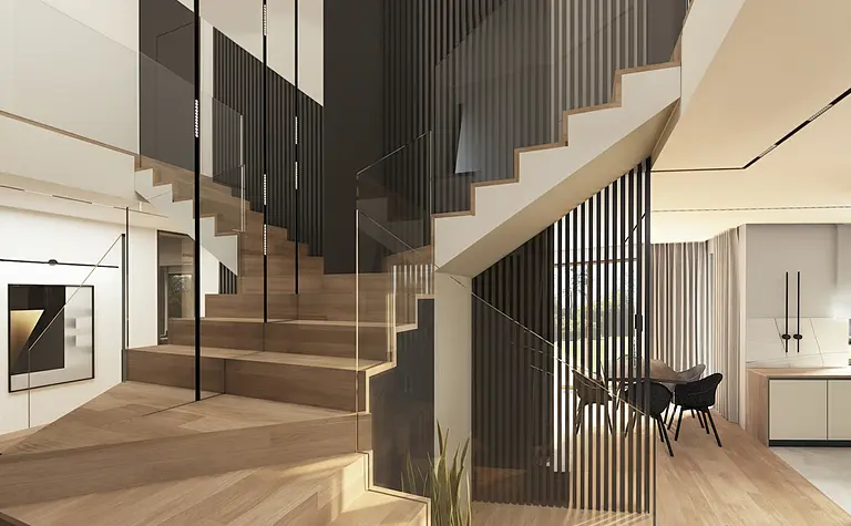 Wnętrze z minimalistycznymi schodami drewnianymi, nowoczesnymi akcentami i dużymi oknami.