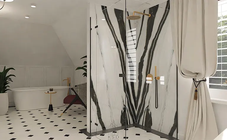 Nowoczesna łazienka w stylu art deco z prysznicem i wanną.