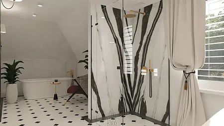 Nowoczesna łazienka w stylu art deco z prysznicem i wanną.
