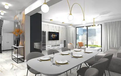 Wnętrze jadalni z białym blatem, szarymi krzesłami i złotymi akcentami, styl art deco, glamour.
