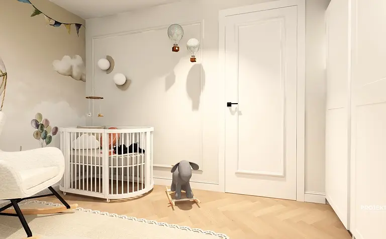 Pokój dziecięcy z białym łóżeczkiem, tłem w balonach i dekoracjami. Współczesny design.
