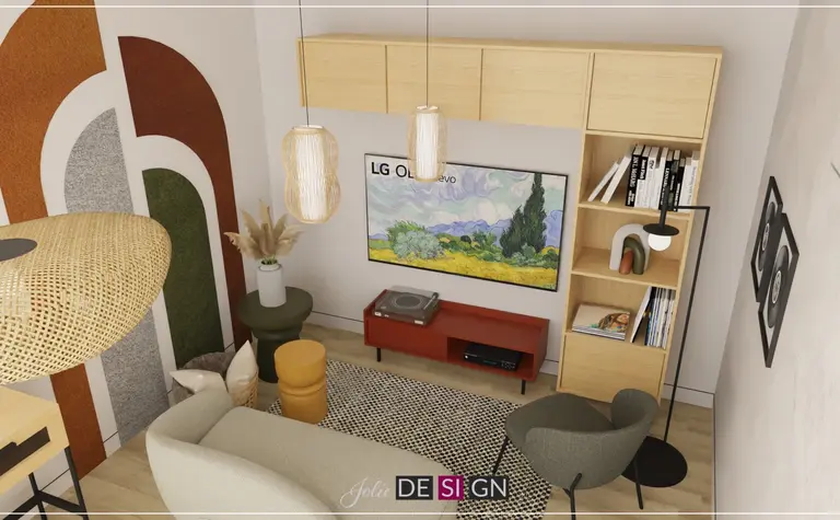 Salon w stylu boho z eklektycznymi meblami i nowoczesnymi akcentami.