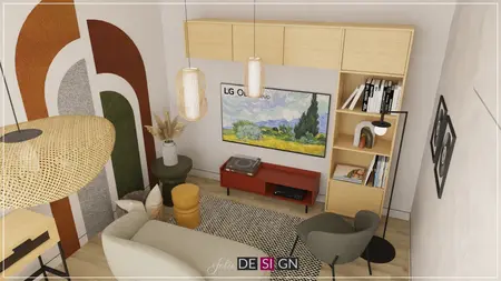 Salon w stylu boho z eklektycznymi meblami i nowoczesnymi akcentami.