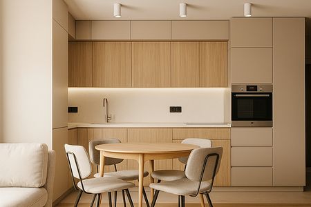 Nowoczesna kuchnia w stylu japandi z drewnianymi meblami, minimalistycznymi detalami oraz rustykalnymi akcentami.
